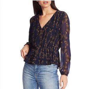 1.STATE Navy Blue Gold Floral Print Pleated Top Blouse V-Neck Long Sleeve Small